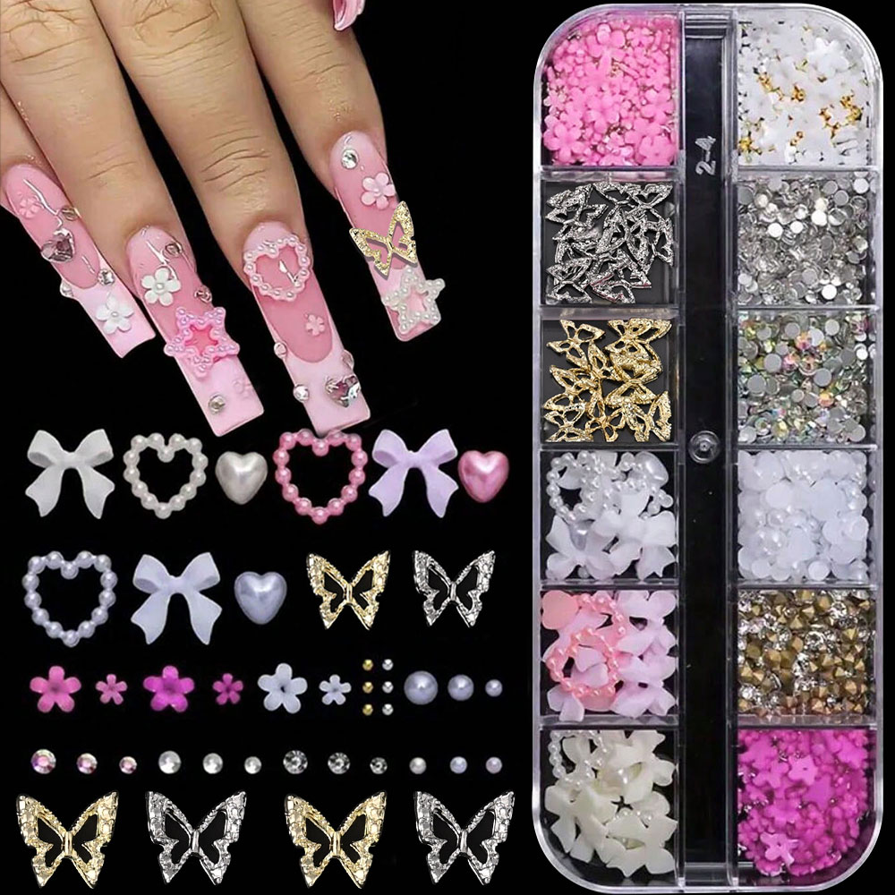 12Grid Pink White Bow Nail Art - Crystal Bead Mix 评论和价格
