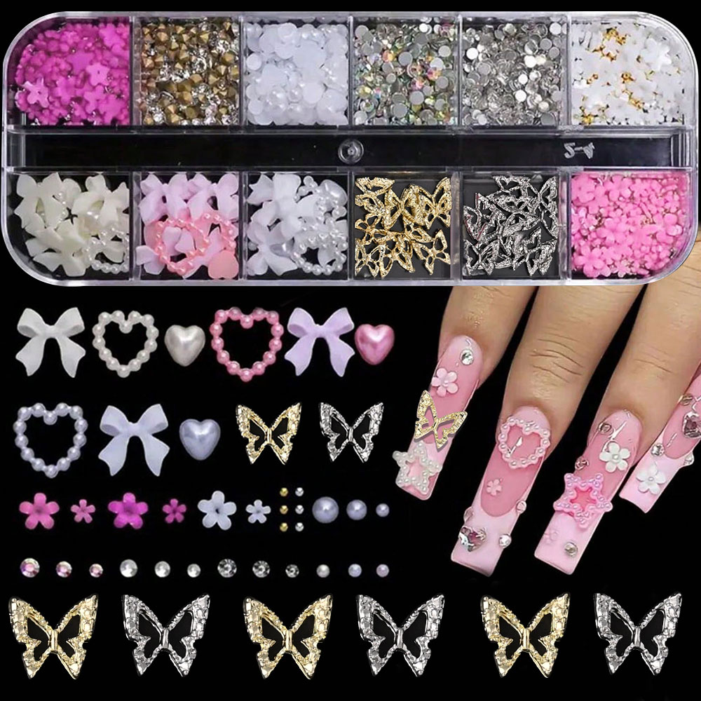 12Grid Pink White Bow Nail Art - Crystal Bead Mix 评论和价格