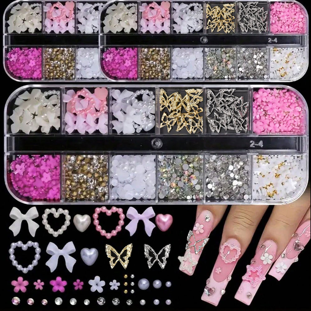 12Grid Pink White Bow Nail Art - Crystal Bead Mix 评论和价格